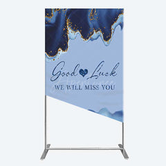 Aperturee - Aperturee Good Luck We Will Miss You Retirement Rectangle Backdrop Blue and Gold Agate Elegant Farewell Party Decorations