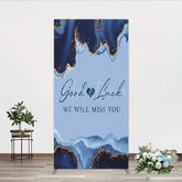 Aperturee - Aperturee Good Luck We Will Miss You Retirement Rectangle Backdrop Blue and Gold Agate Elegant Farewell Party Decorations
