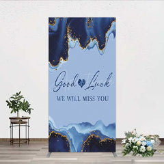 Aperturee - Aperturee Good Luck We Will Miss You Retirement Rectangle Backdrop Blue and Gold Agate Elegant Farewell Party Decorations