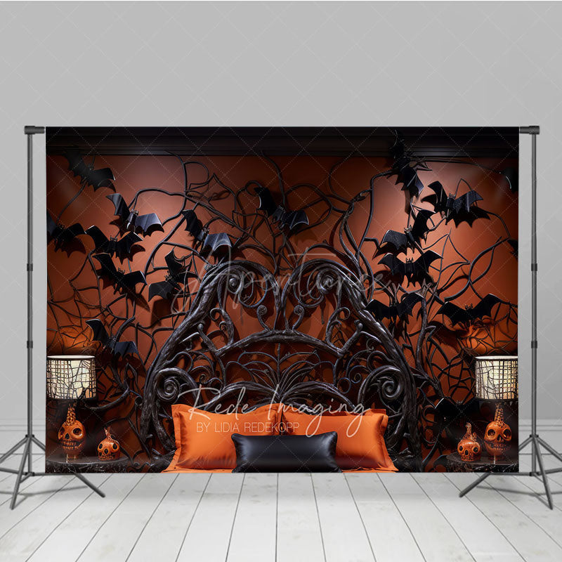 Aperturee Aperturee Gothic Bat Headboard Photography Backdrop Spooky Halloween Bedroom with Flying Bats Dark and Moody Photo Prop