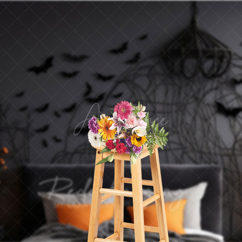 Aperturee Aperturee Gothic Bat Wall Photography Backdrop for Halloween Spooky Bedroom with Headboard Moody Dark Studio Photo Prop