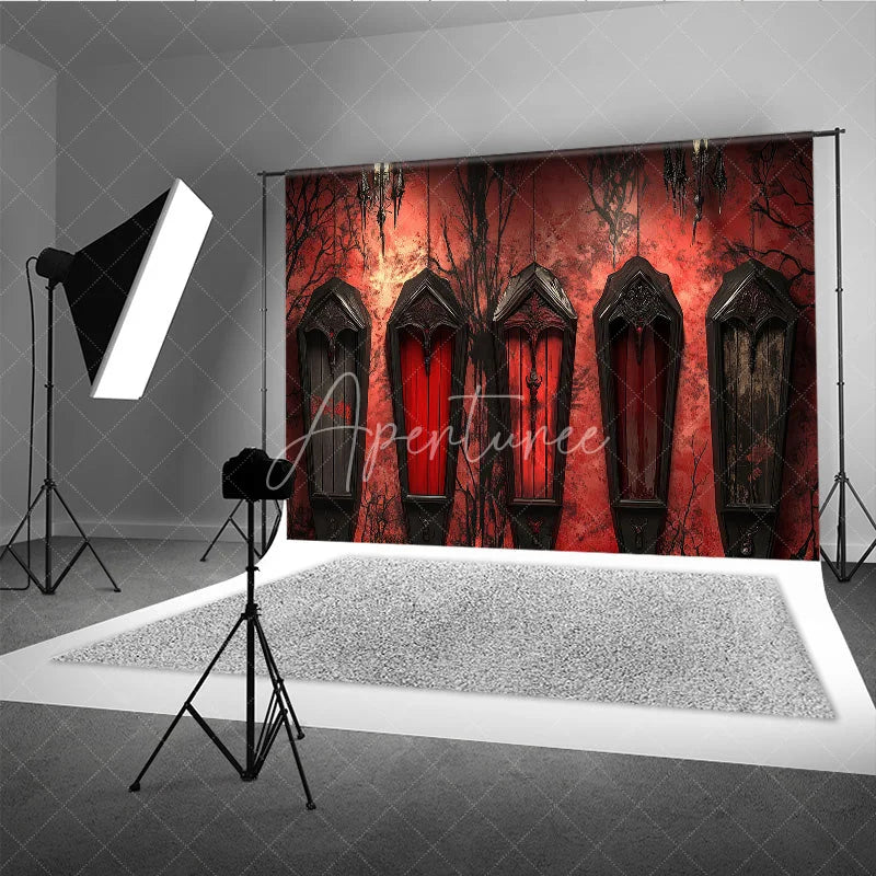 Aperturee - Aperturee Gothic Coffin Holiday Backdrop with Eerie Bare Trees Deep Red Wall and Ornate Chandeliers for Halloween