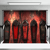 Aperturee - Aperturee Gothic Coffin Holiday Backdrop with Eerie Bare Trees Deep Red Wall and Ornate Chandeliers for Halloween