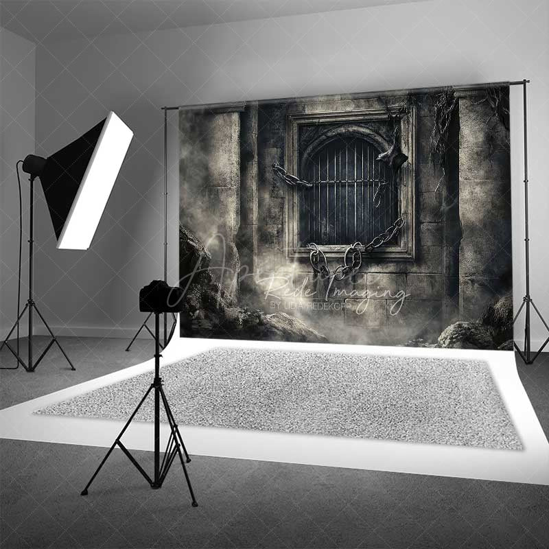Aperturee Aperturee Gothic Dungeon Window Photography Backdrop Spooky Castle Cell with Chains Moody Halloween Haunted House Prop