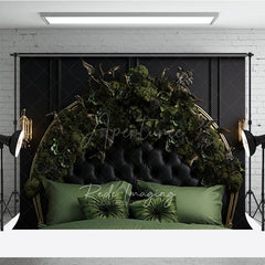 Aperturee Aperturee Gothic Floral Headboard Photography Backdrop Black Tufted Bed with Green Roses Moody Dark Botanical Photo Prop