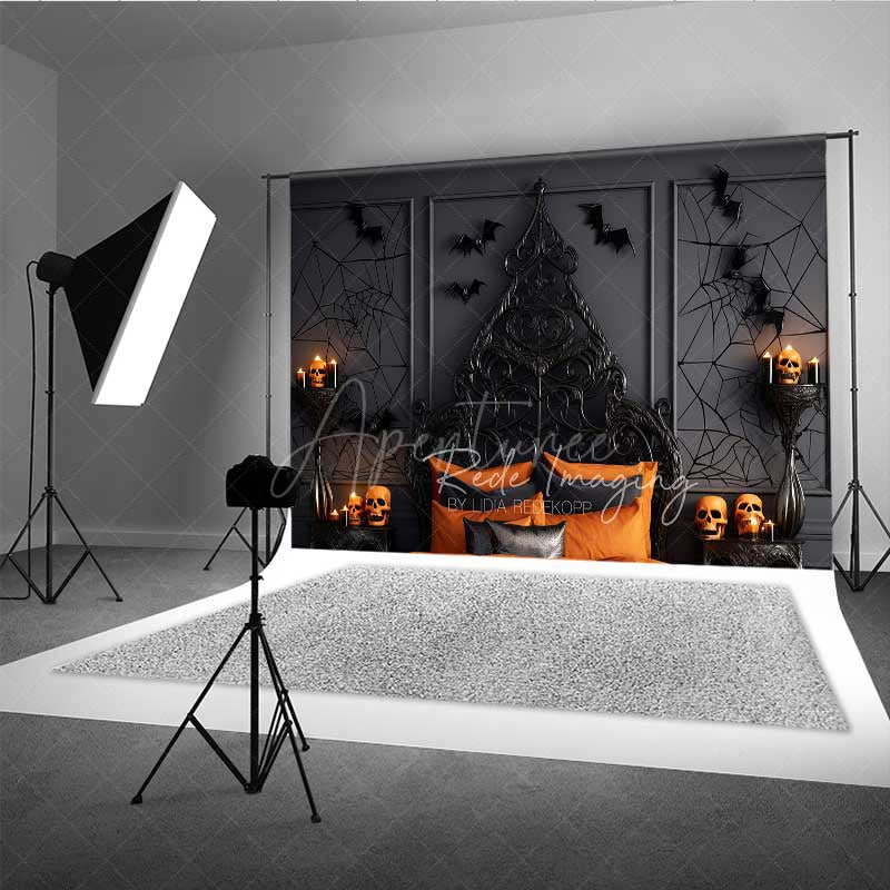 Aperturee - Aperturee Gothic Halloween Bedroom Photography Backdrop Spooky Ornate Bed with Orange Decor Moody Dark Vampire Lair Prop