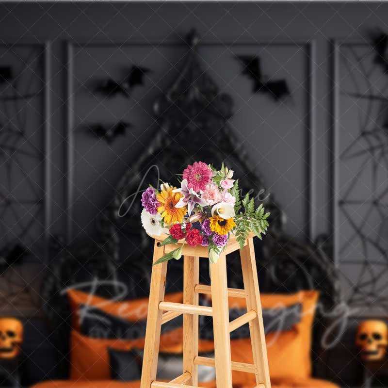 Aperturee - Aperturee Gothic Halloween Bedroom Photography Backdrop Spooky Ornate Bed with Orange Decor Moody Dark Vampire Lair Prop