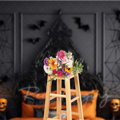 Aperturee - Aperturee Gothic Halloween Bedroom Photography Backdrop Spooky Ornate Bed with Orange Decor Moody Dark Vampire Lair Prop