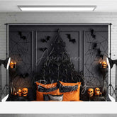 Aperturee - Aperturee Gothic Halloween Bedroom Photography Backdrop Spooky Ornate Bed with Orange Decor Moody Dark Vampire Lair Prop