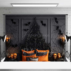 Aperturee - Aperturee Gothic Halloween Bedroom Photography Backdrop Spooky Ornate Bed with Orange Decor Moody Dark Vampire Lair Prop