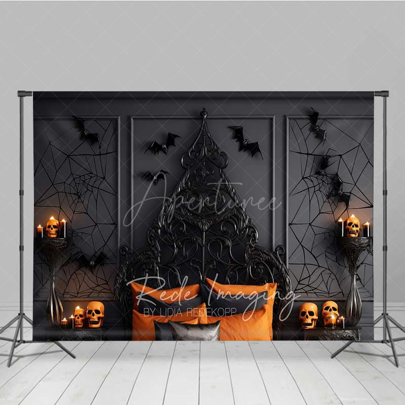 Aperturee - Aperturee Gothic Halloween Bedroom Photography Backdrop Spooky Ornate Bed with Orange Decor Moody Dark Vampire Lair Prop