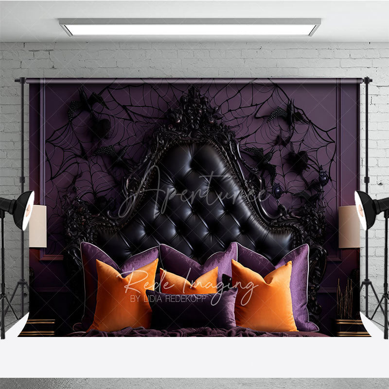 Aperturee Aperturee Gothic Halloween Headboard Photography Backdrop Purple and Black Tufted Bed Spooky Spiderweb Wall Photo Prop