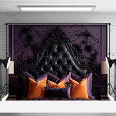 Aperturee Aperturee Gothic Halloween Headboard Photography Backdrop Purple and Black Tufted Bed Spooky Spiderweb Wall Photo Prop