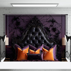 Aperturee Aperturee Gothic Halloween Headboard Photography Backdrop Purple and Black Tufted Bed Spooky Spiderweb Wall Photo Prop