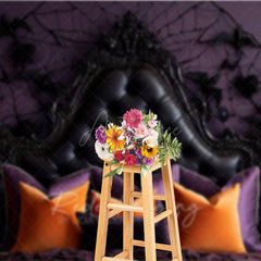 Aperturee Aperturee Gothic Halloween Headboard Photography Backdrop Purple and Black Tufted Bed Spooky Spiderweb Wall Photo Prop