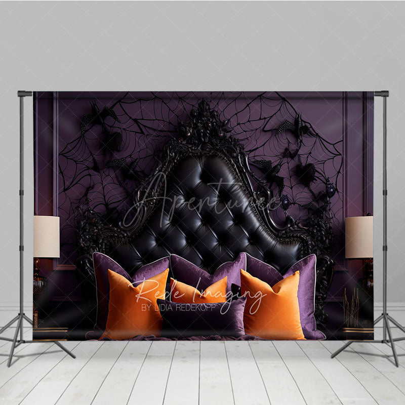 Aperturee Aperturee Gothic Halloween Headboard Photography Backdrop Purple and Black Tufted Bed Spooky Spiderweb Wall Photo Prop