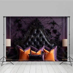 Aperturee Aperturee Gothic Halloween Headboard Photography Backdrop Purple and Black Tufted Bed Spooky Spiderweb Wall Photo Prop