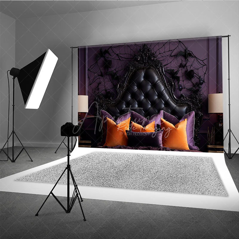 Aperturee Aperturee Gothic Halloween Headboard Photography Backdrop Purple and Black Tufted Bed Spooky Spiderweb Wall Photo Prop