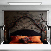 Aperturee Aperturee Gothic Halloween Headboard Photography Backdrop Spooky Black Birds and Branches Moody Dark Bedroom Photo Prop