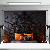 Aperturee Aperturee Gothic Halloween Headboard Photography Backdrop Spooky Spiderweb Bed with Orange Pillows Haunted Bedroom Decor