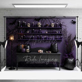 Aperturee Aperturee Gothic Halloween Photography Backdrop Purple Wall with Skulls and Black Pumpkins Spooky Witch Lair Photo Prop