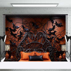 Aperturee - Aperturee Gothic Halloween Room Set Backdrop with Wood Floor Spooky Spiderweb and Bat Bedroom Haunted House Photo Prop