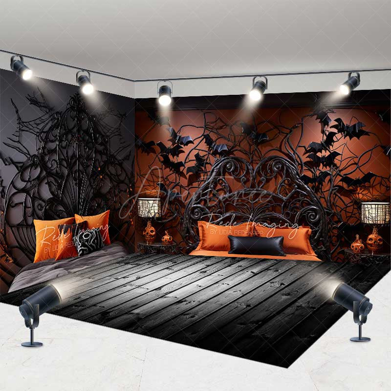 Aperturee - Aperturee Gothic Halloween Room Set Backdrop with Wood Floor Spooky Spiderweb and Bat Bedroom Haunted House Photo Prop