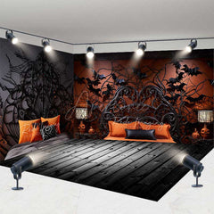 Aperturee - Aperturee Gothic Halloween Room Set Backdrop with Wood Floor Spooky Spiderweb and Bat Bedroom Haunted House Photo Prop