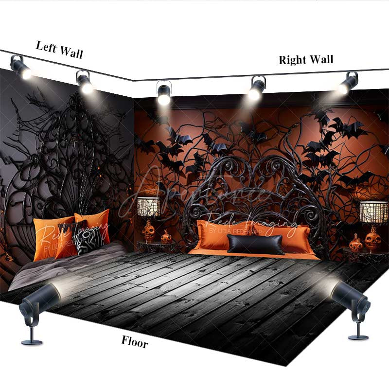 Aperturee - Aperturee Gothic Halloween Room Set Backdrop with Wood Floor Spooky Spiderweb and Bat Bedroom Haunted House Photo Prop
