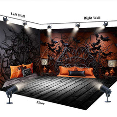 Aperturee - Aperturee Gothic Halloween Room Set Backdrop with Wood Floor Spooky Spiderweb and Bat Bedroom Haunted House Photo Prop