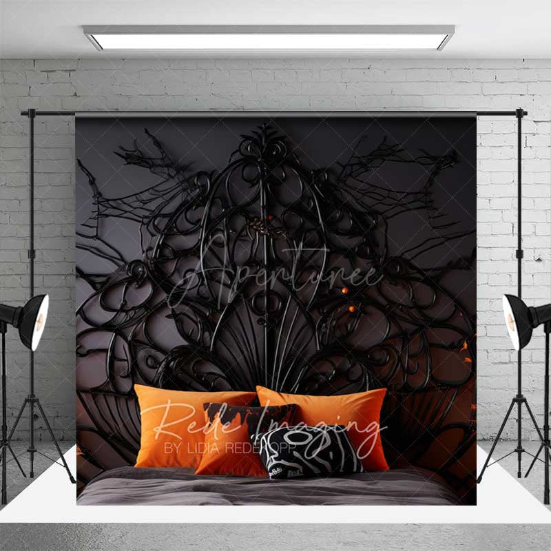 Aperturee - Aperturee Gothic Halloween Room Set Backdrop with Wood Floor Spooky Spiderweb and Bat Bedroom Haunted House Photo Prop