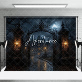 Aperturee - Aperturee Gothic Haunted Mansion and Ornate Iron Gate Holiday Backdrop Spooky Full Moon Night Scene