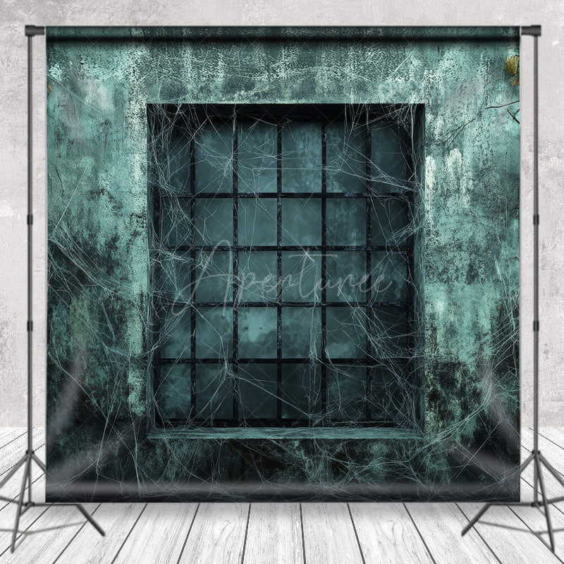 Aperturee - Aperturee Gothic Haunted Window Photography Backdrop Spooky Wall with Cobwebs Dark and Creepy Halloween Themed Photos