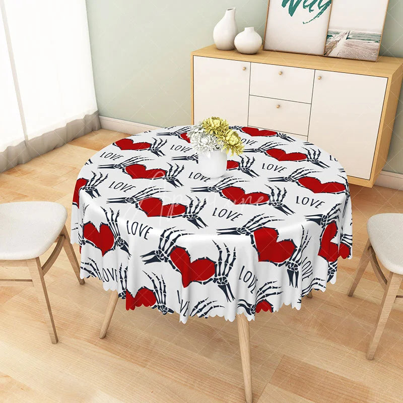 Aperturee - Aperturee Gothic Skeleton Hand Heart ’LOVE’ Round Tablecloth White and Black Spooky Halloween or Valentine’s Decor