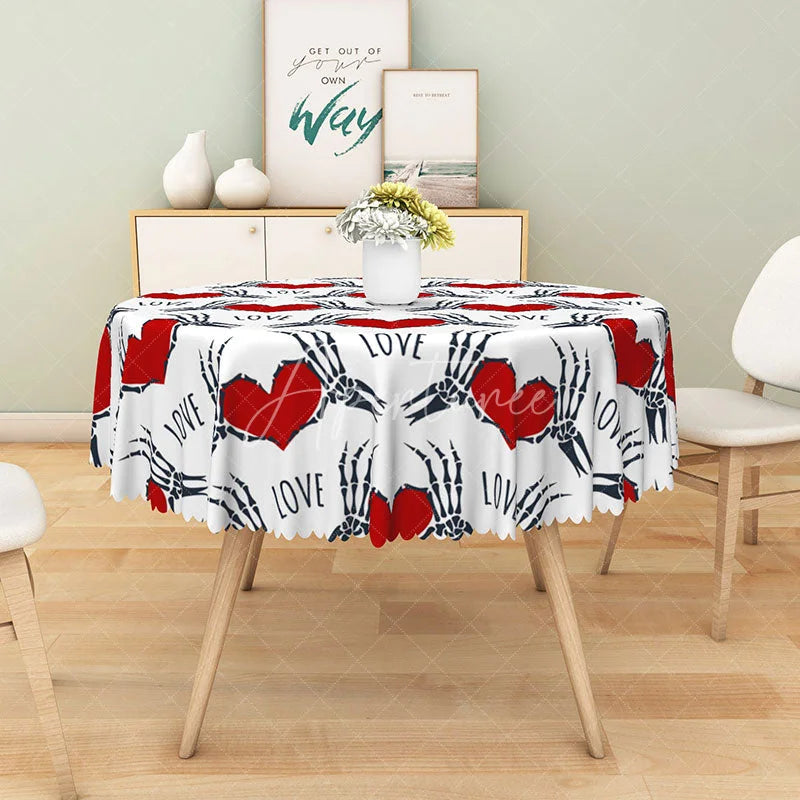 Aperturee - Aperturee Gothic Skeleton Hand Heart ’LOVE’ Round Tablecloth White and Black Spooky Halloween or Valentine’s Decor