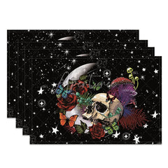 Aperturee - Aperturee Gothic Skull and Flower Set of 4 Placemats with Glitter Effect Stars for Spooky and Glam Decor