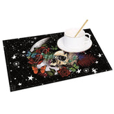 Aperturee - Aperturee Gothic Skull and Flower Set of 4 Placemats with Glitter Effect Stars for Spooky and Glam Decor