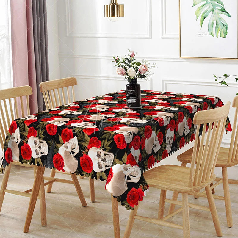 Aperturee - Aperturee Gothic Skull and Raven Rectangle Tablecloth Red Rose Black Bird Pattern Halloween Valentine Dining Decor