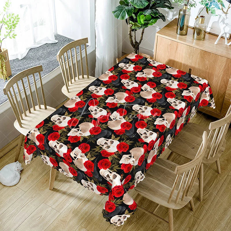 Aperturee - Aperturee Gothic Skull and Raven Rectangle Tablecloth Red Rose Black Bird Pattern Halloween Valentine Dining Decor