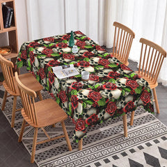 Aperturee - Aperturee Gothic Skull and Red Rose Rectangle Tablecloth Dark Floral Skeleton Pattern Halloween Valentine Decor