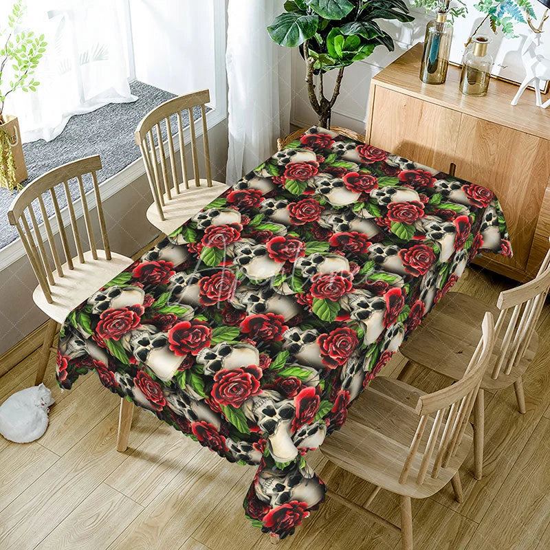 Aperturee - Aperturee Gothic Skull and Red Rose Rectangle Tablecloth Dark Floral Skeleton Pattern Halloween Valentine Decor