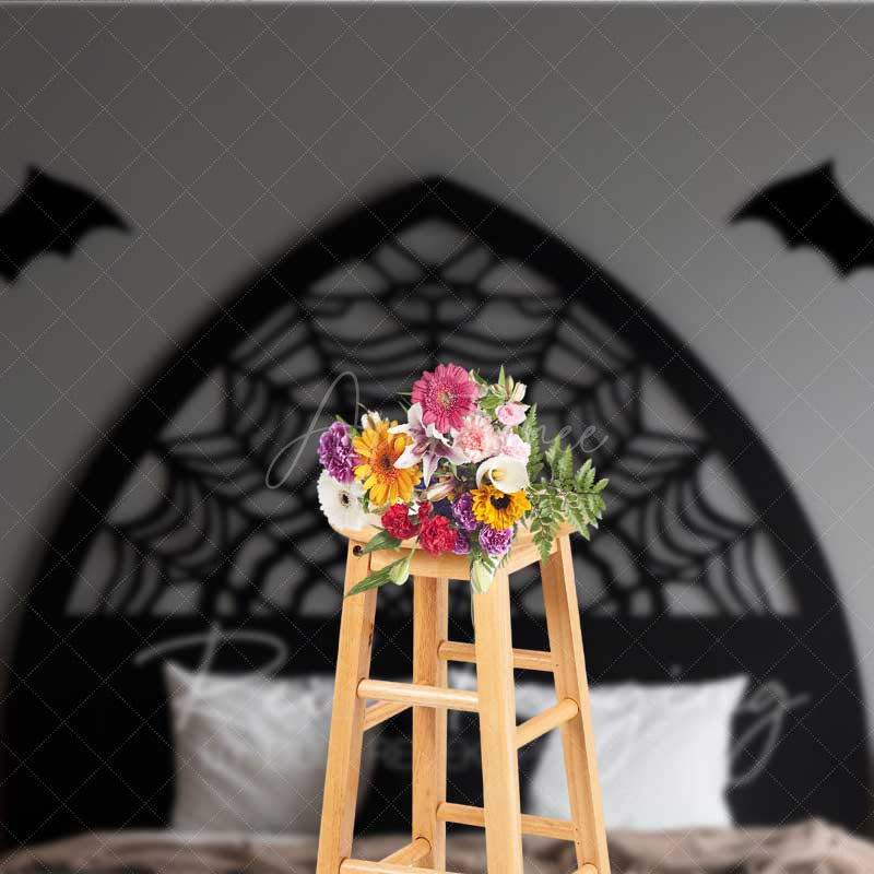 Aperturee - Aperturee Gothic Spiderweb Headboard Photography Backdrop Black Bed with Bats and Jack O’ Lanterns Spooky Halloween Decor