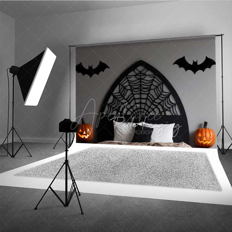 Aperturee - Aperturee Gothic Spiderweb Headboard Photography Backdrop Black Bed with Bats and Jack O’ Lanterns Spooky Halloween Decor