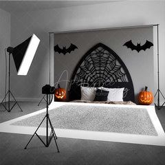 Aperturee - Aperturee Gothic Spiderweb Headboard Photography Backdrop Black Bed with Bats and Jack O’ Lanterns Spooky Halloween Decor