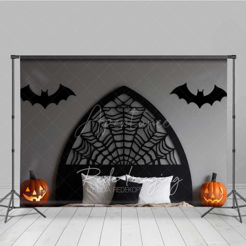 Aperturee - Aperturee Gothic Spiderweb Headboard Photography Backdrop Black Bed with Bats and Jack O’ Lanterns Spooky Halloween Decor