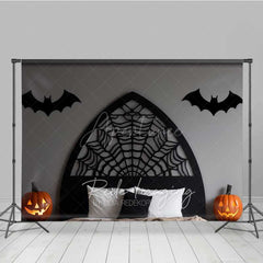 Aperturee - Aperturee Gothic Spiderweb Headboard Photography Backdrop Black Bed with Bats and Jack O’ Lanterns Spooky Halloween Decor