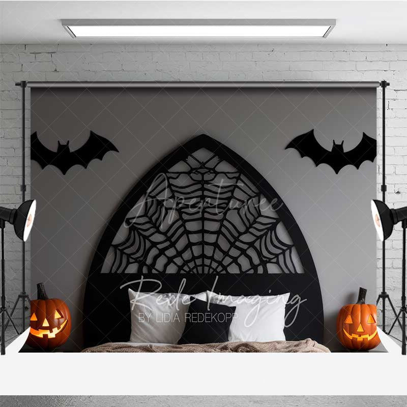 Aperturee - Aperturee Gothic Spiderweb Headboard Photography Backdrop Black Bed with Bats and Jack O’ Lanterns Spooky Halloween Decor
