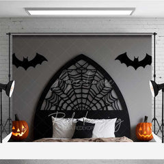 Aperturee - Aperturee Gothic Spiderweb Headboard Photography Backdrop Black Bed with Bats and Jack O’ Lanterns Spooky Halloween Decor