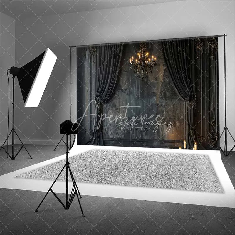 Aperturee - Aperturee Gothic Vintage Wall Backdrop Black Curtain Chandelier Photography Background Dark Moody Candle Photo Booth Prop