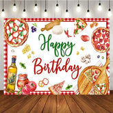 Aperturee - Aperturee Gourmet Pizza Red White Plaid Happy Birthday Backdrop